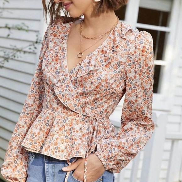 Shein Tops - Ditzy floral blouse peplum barrel long sleeve deep-v neckline in Orange
